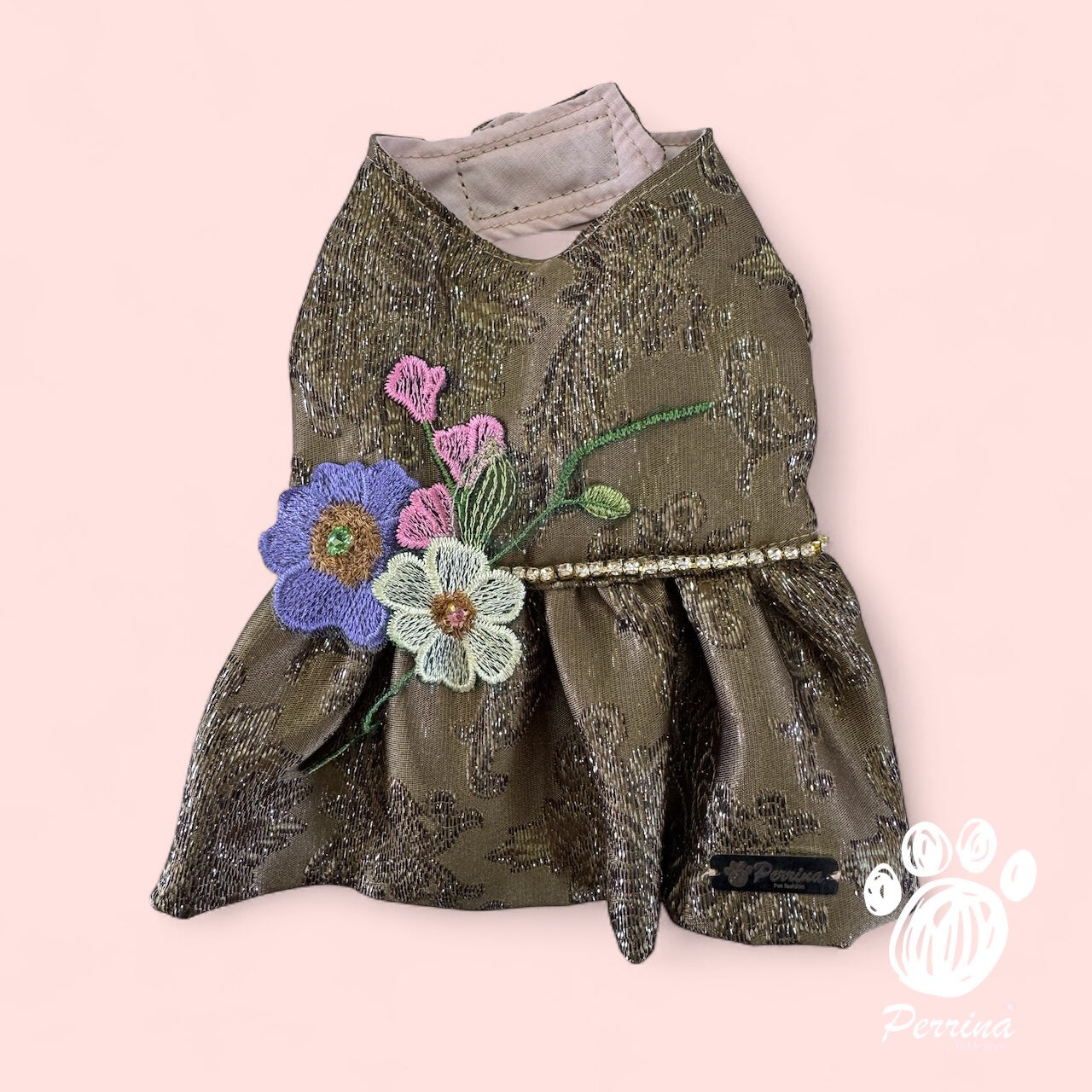 Vestido Elegante Flores Bordadas Olivo
