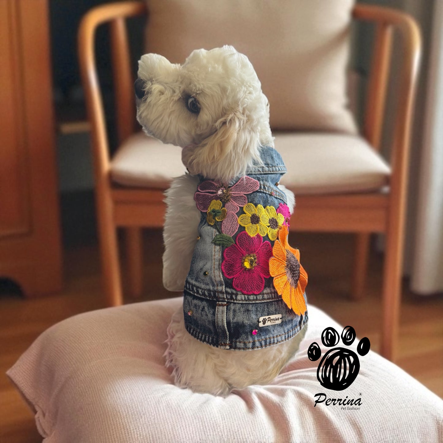 Chaleco Denim Flores Bordadas