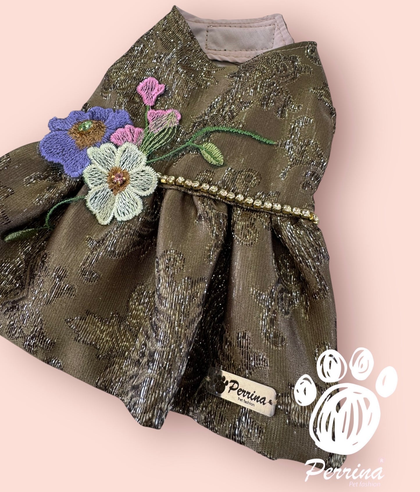 Vestido Elegante Flores Bordadas Olivo