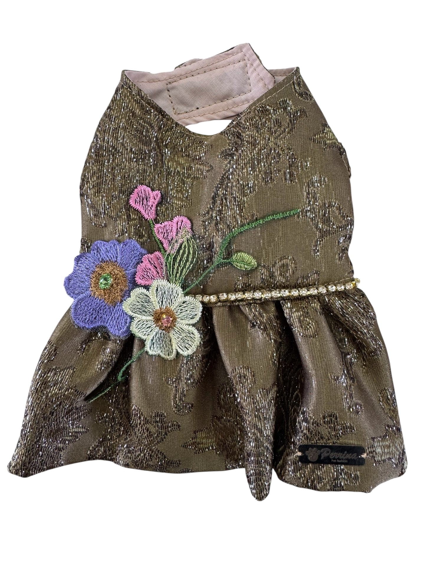Vestido Elegante Flores Bordadas Olivo