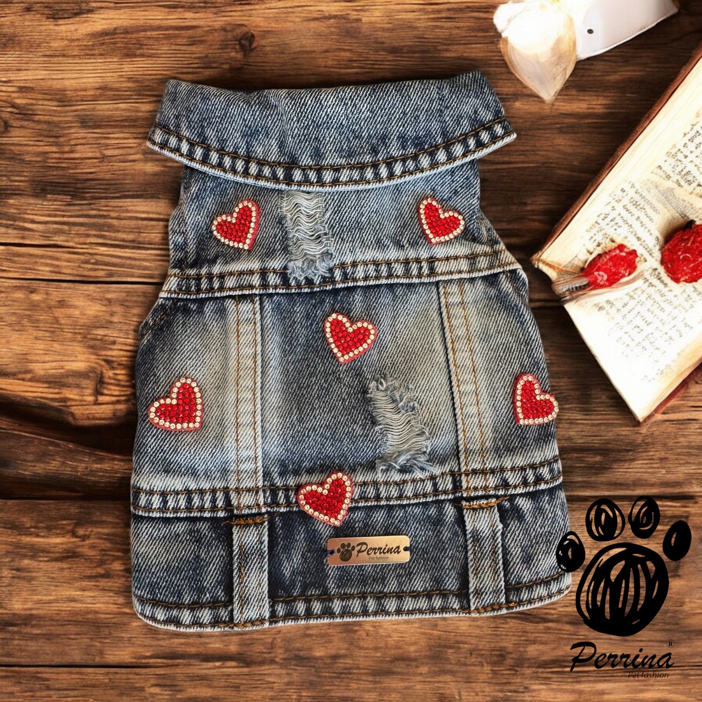 Chaleco Denim Corazones Rojo
