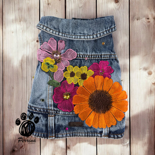 Chaleco Denim Flores Bordadas