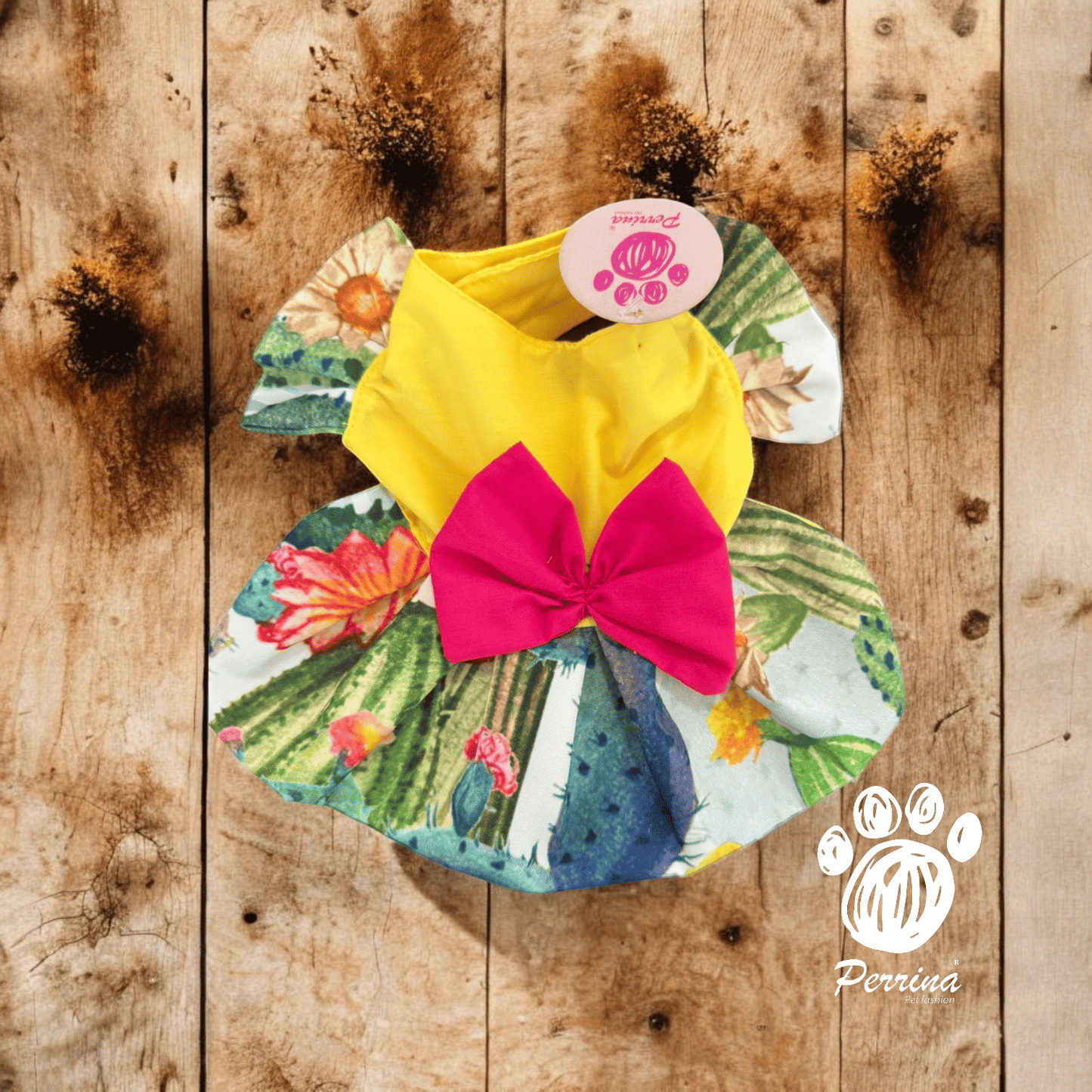 PERRINA vestido con estampado de cactus color amarillo para perros y gatos, razas chicas medianas y grandes