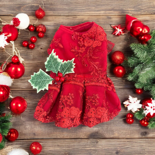 PERRINA vestido para Mascota con detalles bordados y bayas decorativas color rojo, Navideño