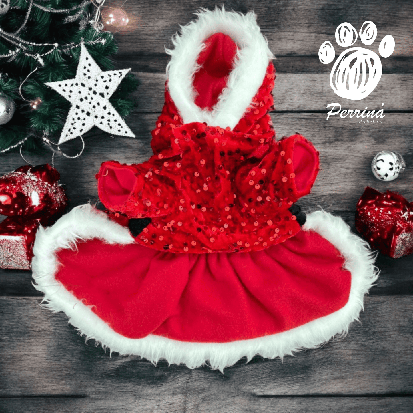 PERRINA vestido de Santa Clous con lentejuela para, perros y gatos razas chicas medianas y grandes