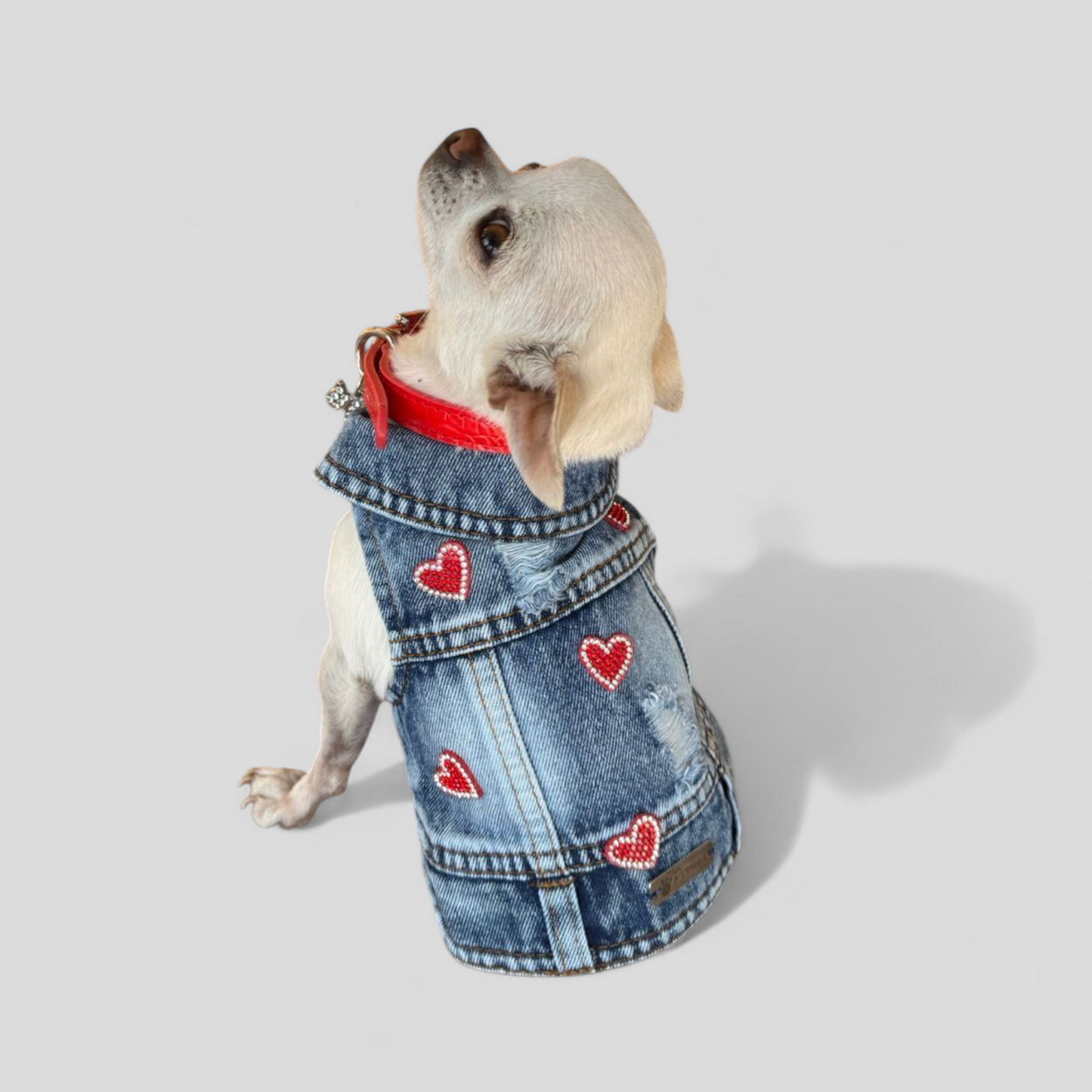 PERRINA chaleco denim con corazones rojos y brillitos para Mascota Perro y Gato, razas chicas medianas y grandes
