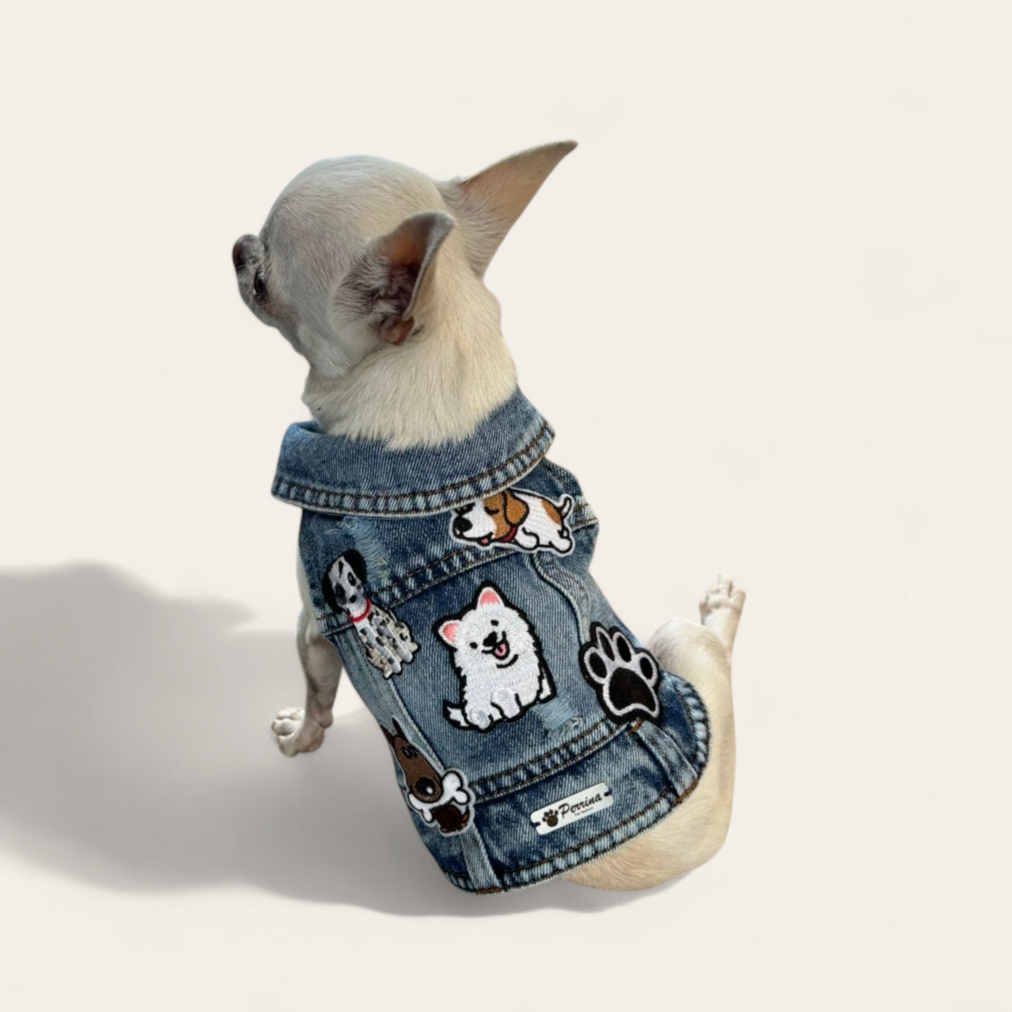 PERRINA chaleco denim con parches de perritos y huellita para mascotas, razas chicas medianas y grandes