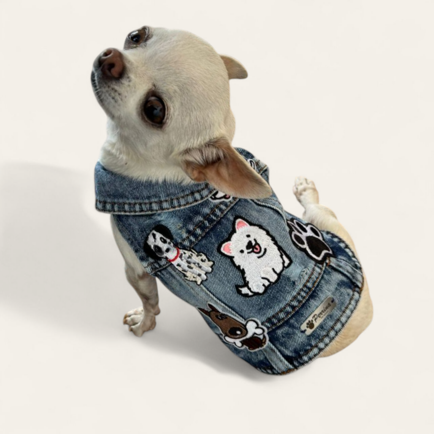 PERRINA chaleco denim con parches de perritos y huellita para mascotas, razas chicas medianas y grandes