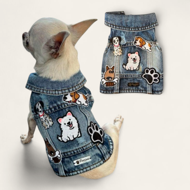 PERRINA chaleco denim con parches de perritos y huellita para mascotas, razas chicas medianas y grandes