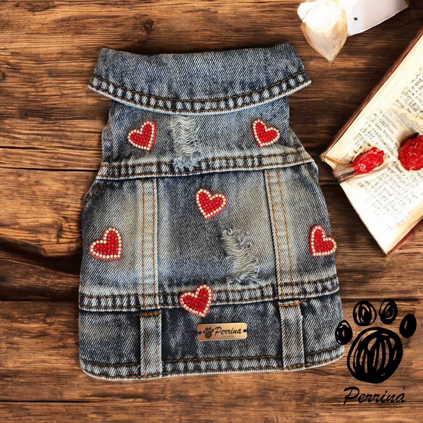 PERRINA chaleco denim con corazones rojos y brillitos para Mascota Perro y Gato, razas chicas medianas y grandes
