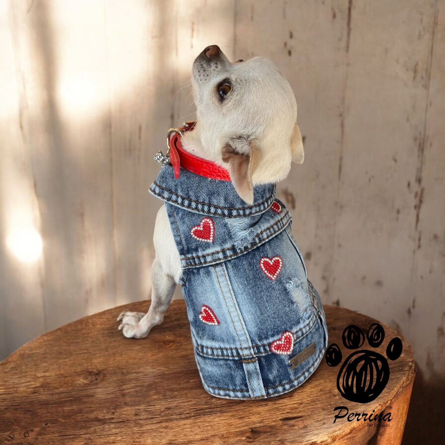 PERRINA chaleco denim con corazones rojos y brillitos para Mascota Perro y Gato, razas chicas medianas y grandes