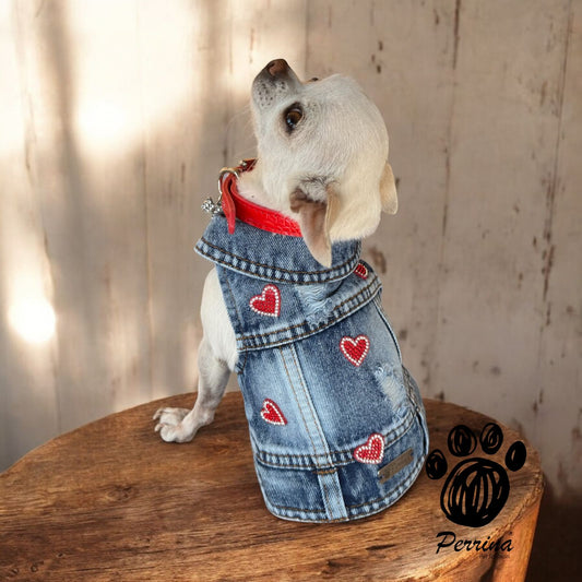 PERRINA chaleco denim con corazones rojos y brillitos para Mascota Perro y Gato, razas chicas medianas y grandes