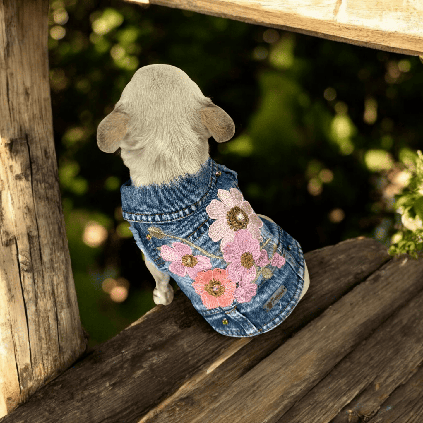 PERRINA chaleco denim con flores de distintos colores para perros y gatos razas chicas medianas y grandes