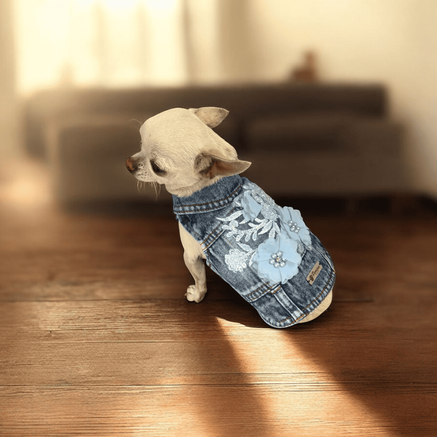PERRINA chaleco denim con flores azules bordadas para perros y gatos razas chicas medianas y grandes