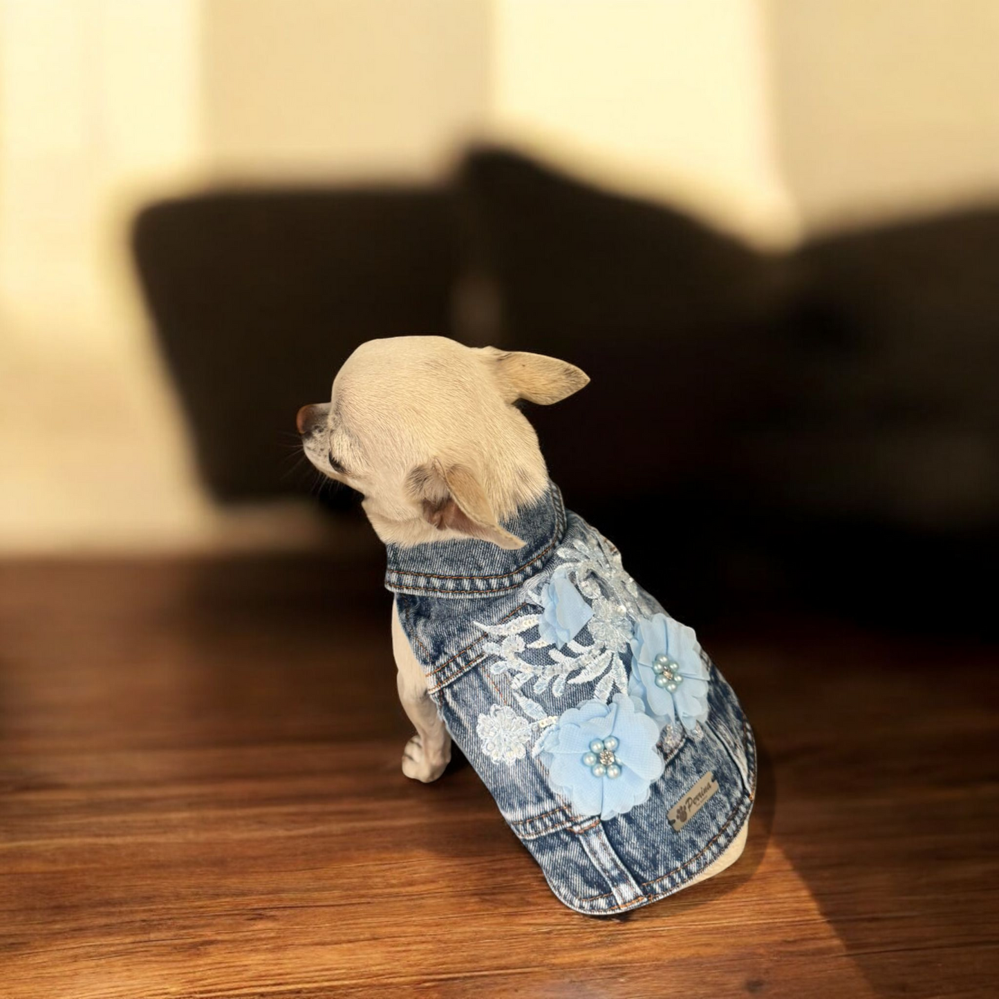 PERRINA chaleco denim con flores azules bordadas para perros y gatos razas chicas medianas y grandes