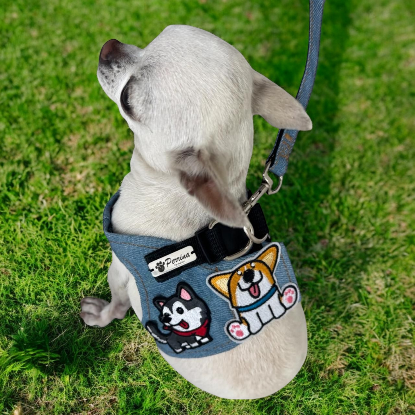 PERRINA arnés con parches de perritos, denim, para perros