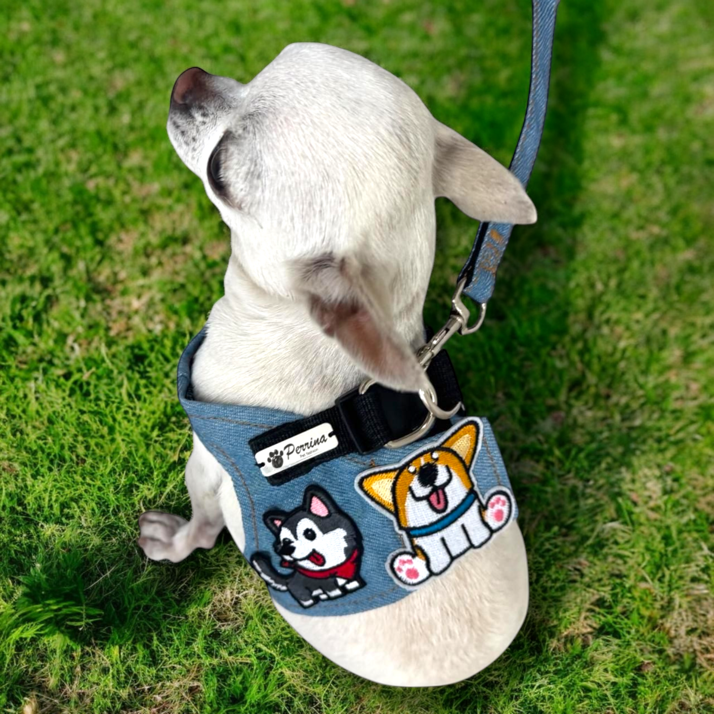 PERRINA arnés denim con parches de perritos para mascotas, razas chicas medianas y grandes, perros y gatos