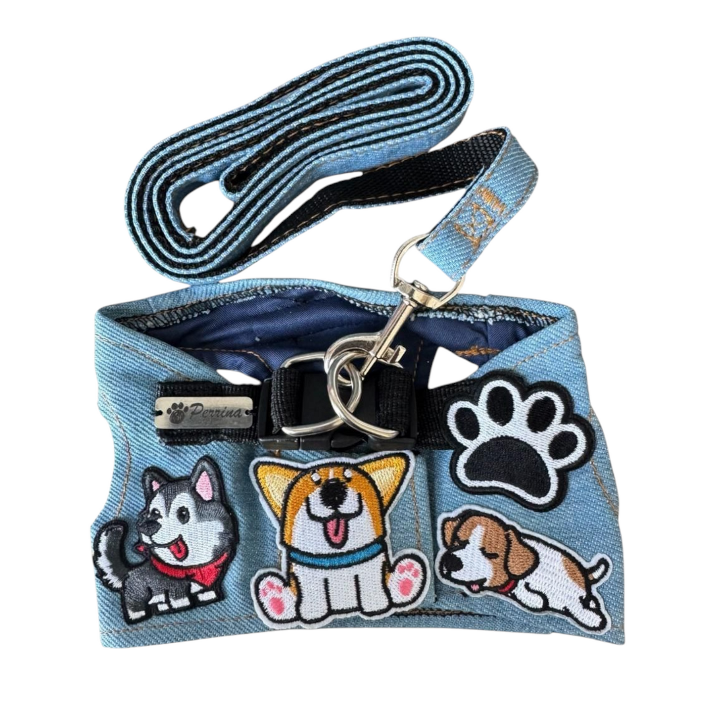 PERRINA arnés con parches de perritos, denim, para perros