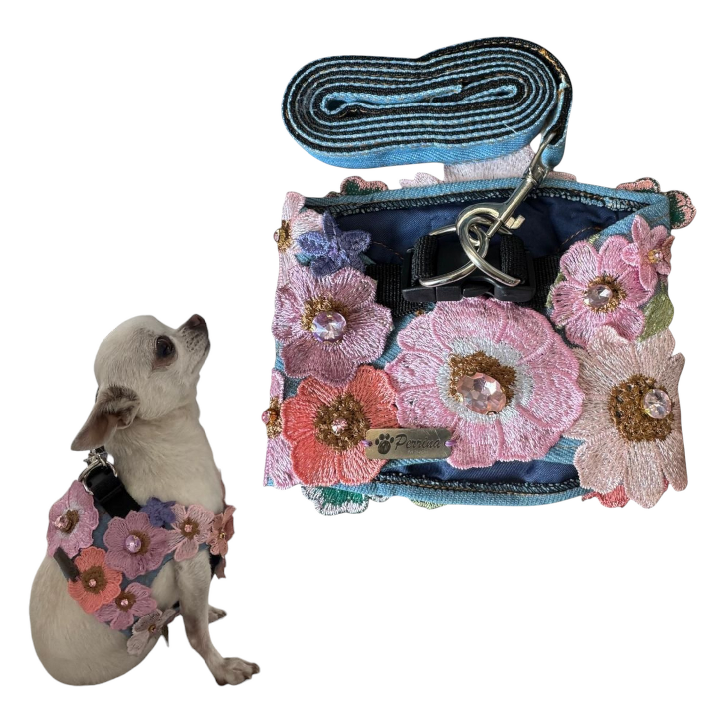 PERRINA arnés de flores denim para perros, cómoda y segura