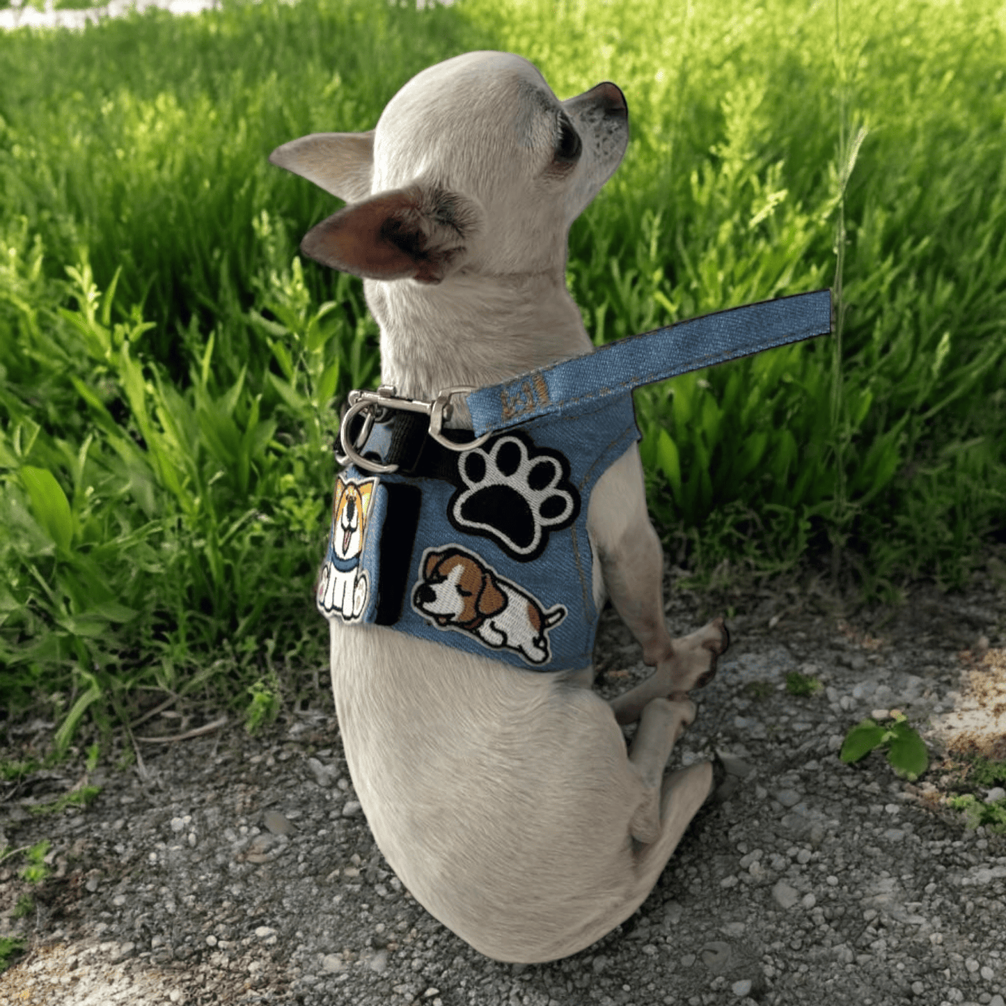 PERRINA arnés con parches de perritos, denim, para perros