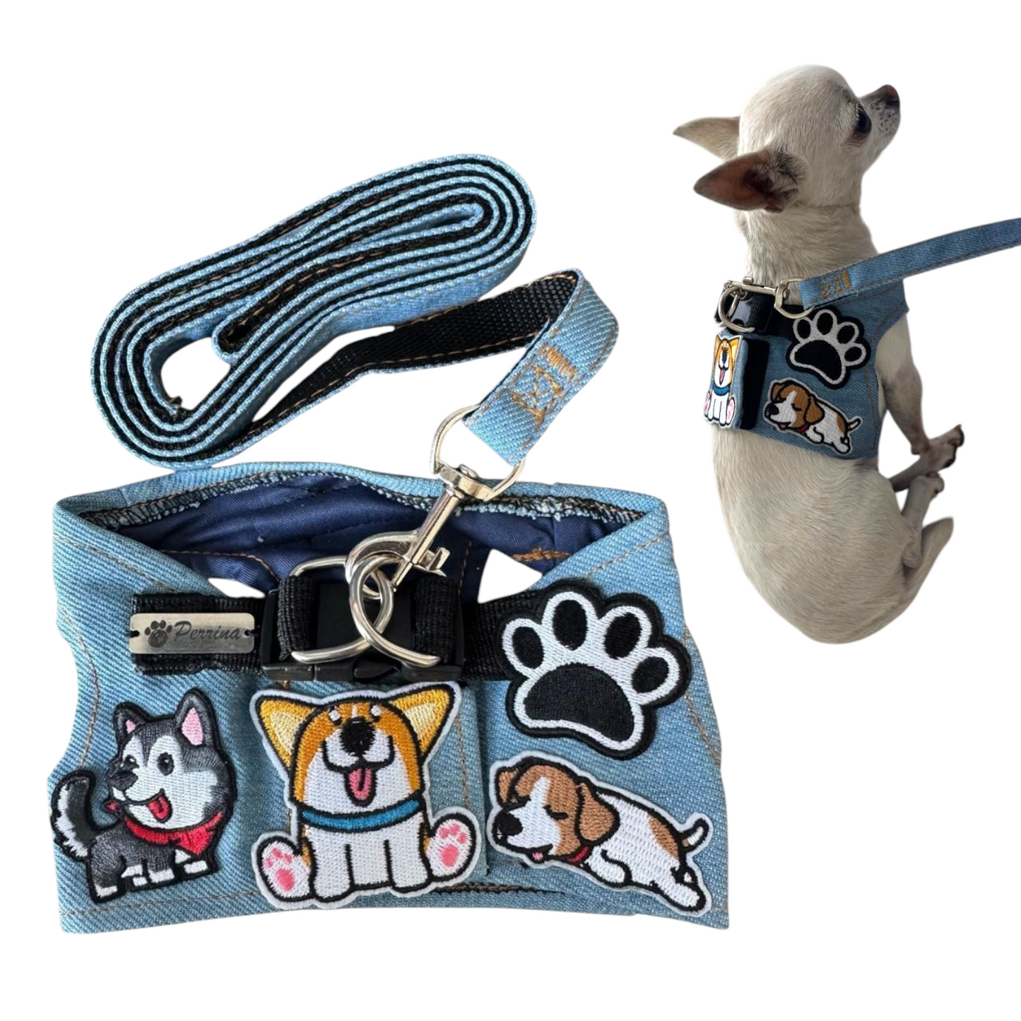 PERRINA arnés con parches de perritos, denim, para perros