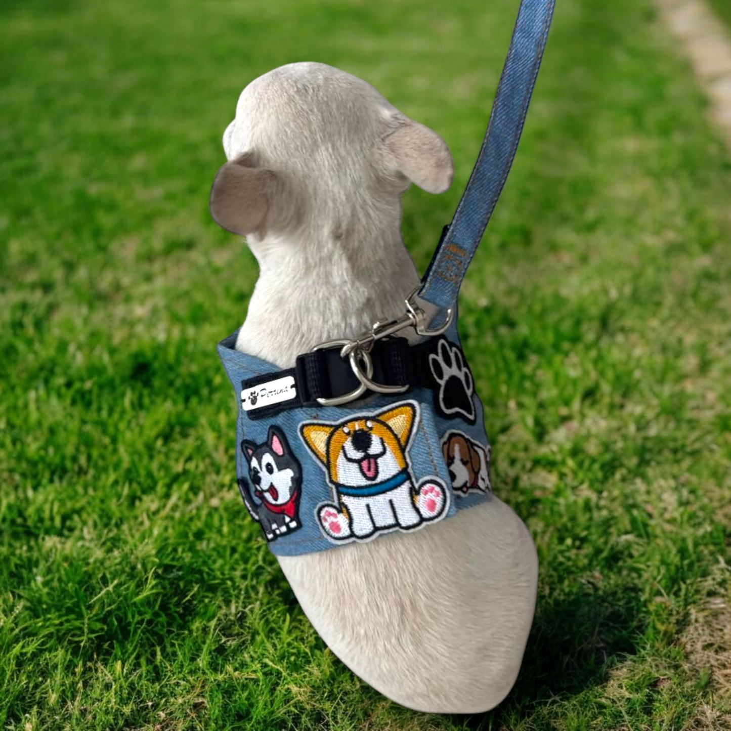 PERRINA arnés con parches de perritos, denim, para perros