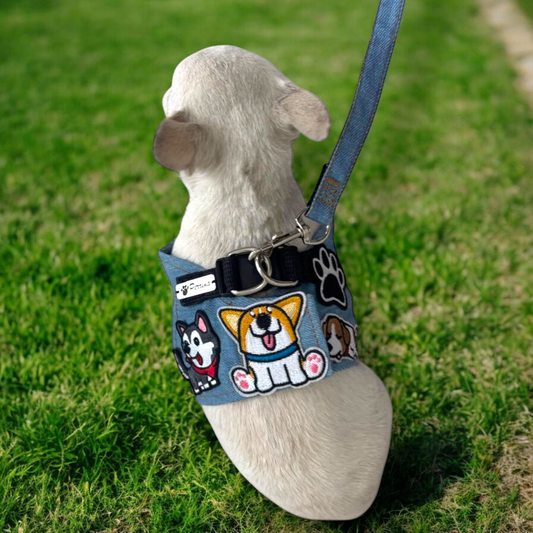 PERRINA arnés con parches de perritos, denim, para perros