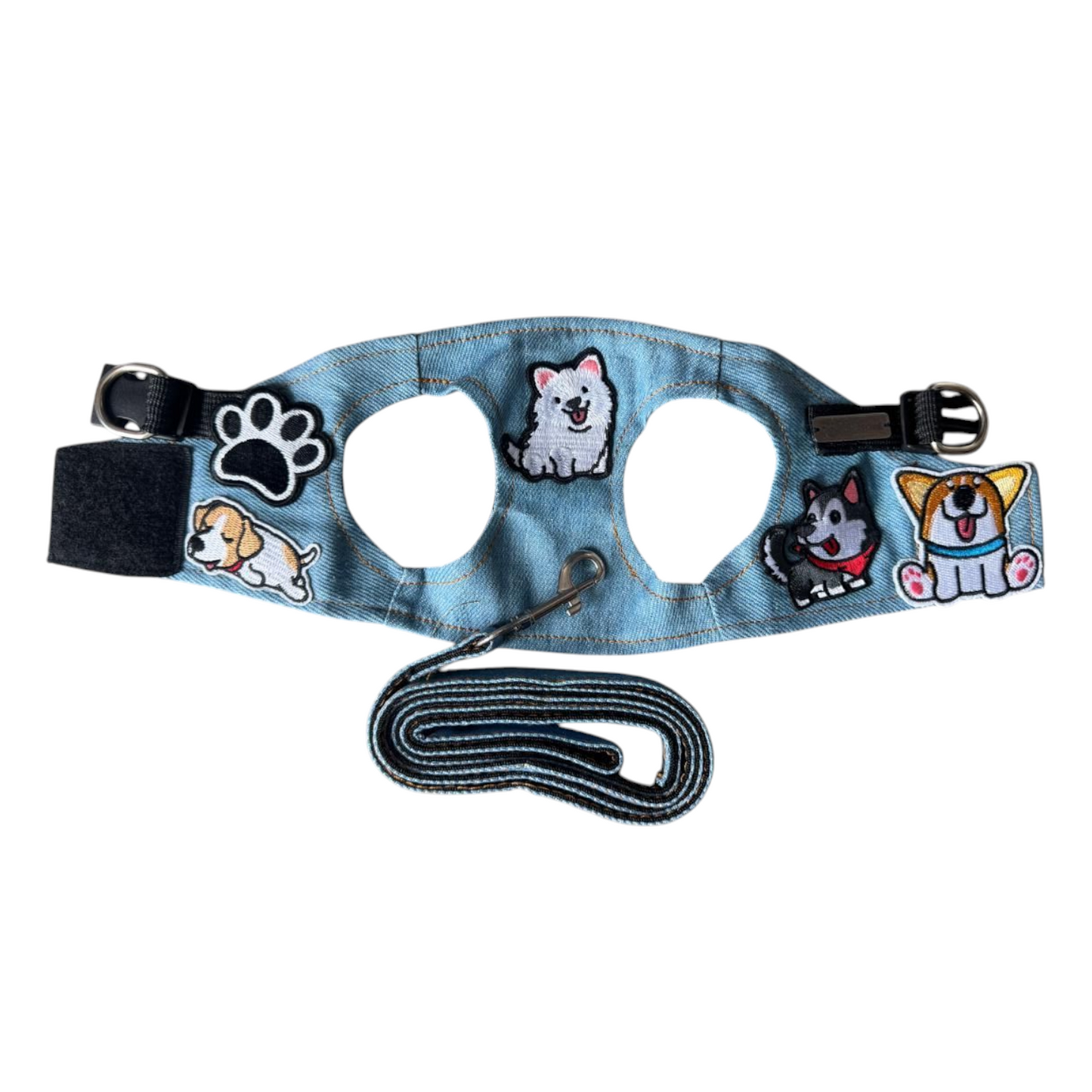 PERRINA arnés con parches de perritos, denim, para perros