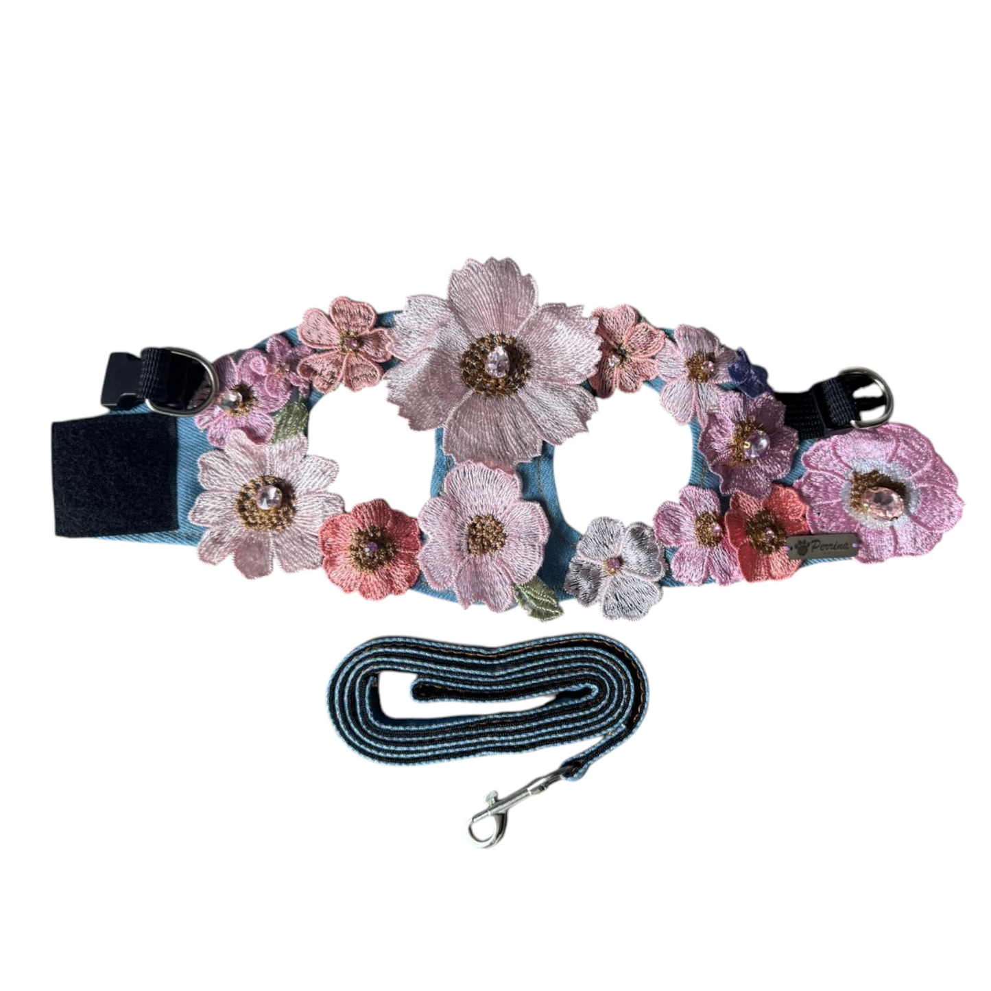 PERRINA arnés de flores denim para perros, cómoda y segura