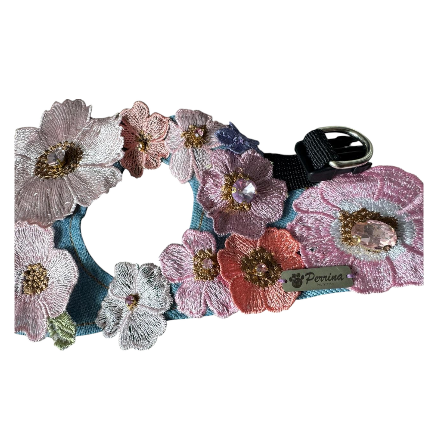 PERRINA arnés de flores denim para perros, cómoda y segura