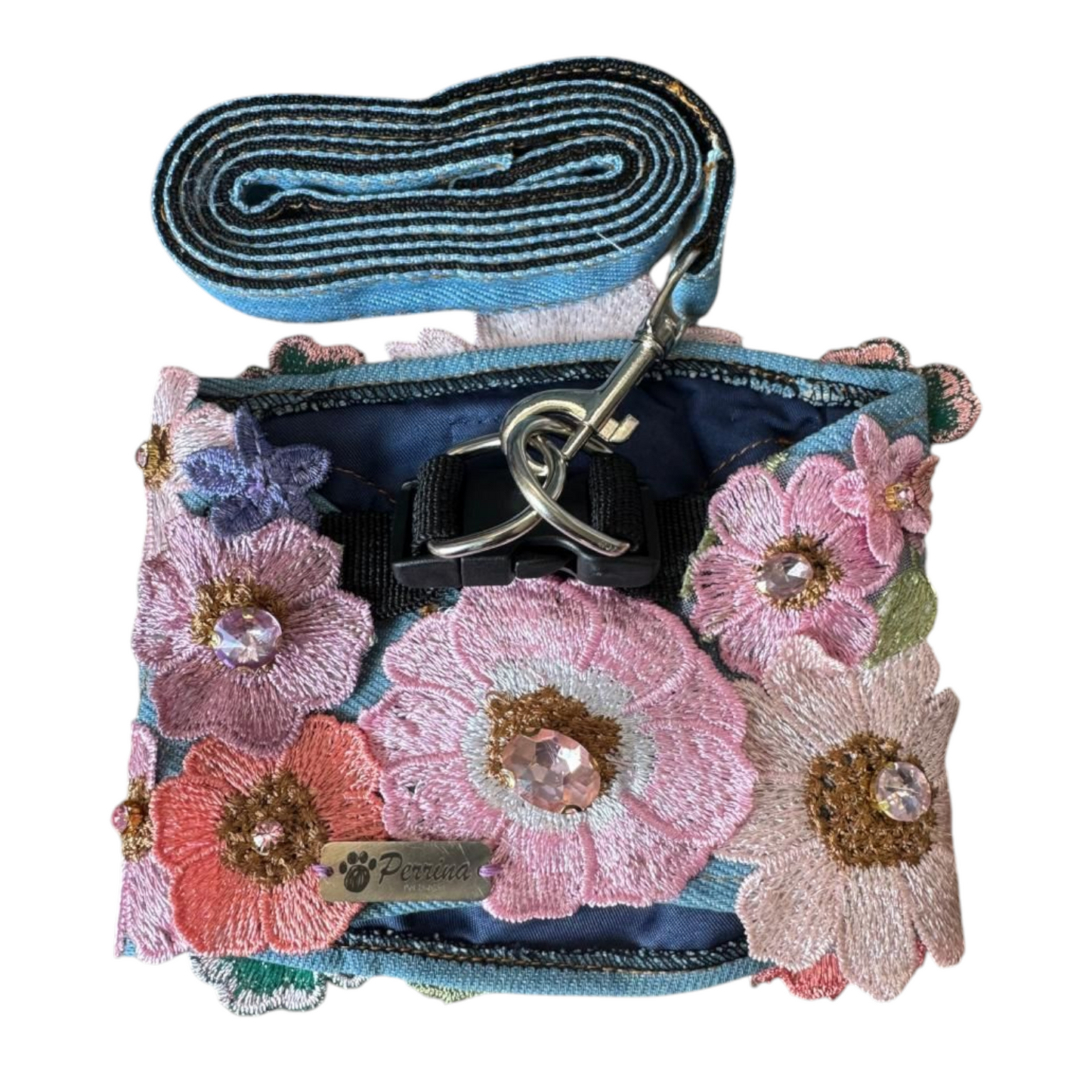 PERRINA arnés de flores denim para perros, cómoda y segura