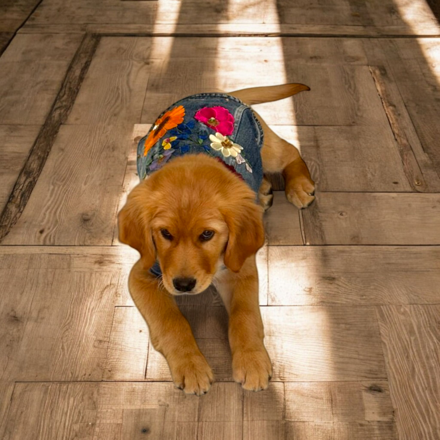 PERRINA chaleco denim de diferentes flores bordadas para perros, razas chicas medianas y grandes