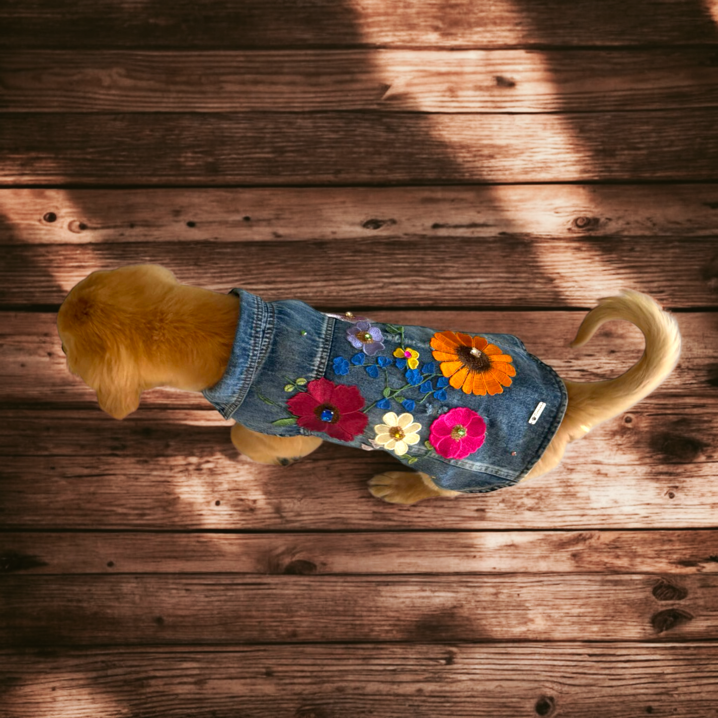 PERRINA chaleco denim de diferentes flores bordadas para perros, razas chicas medianas y grandes