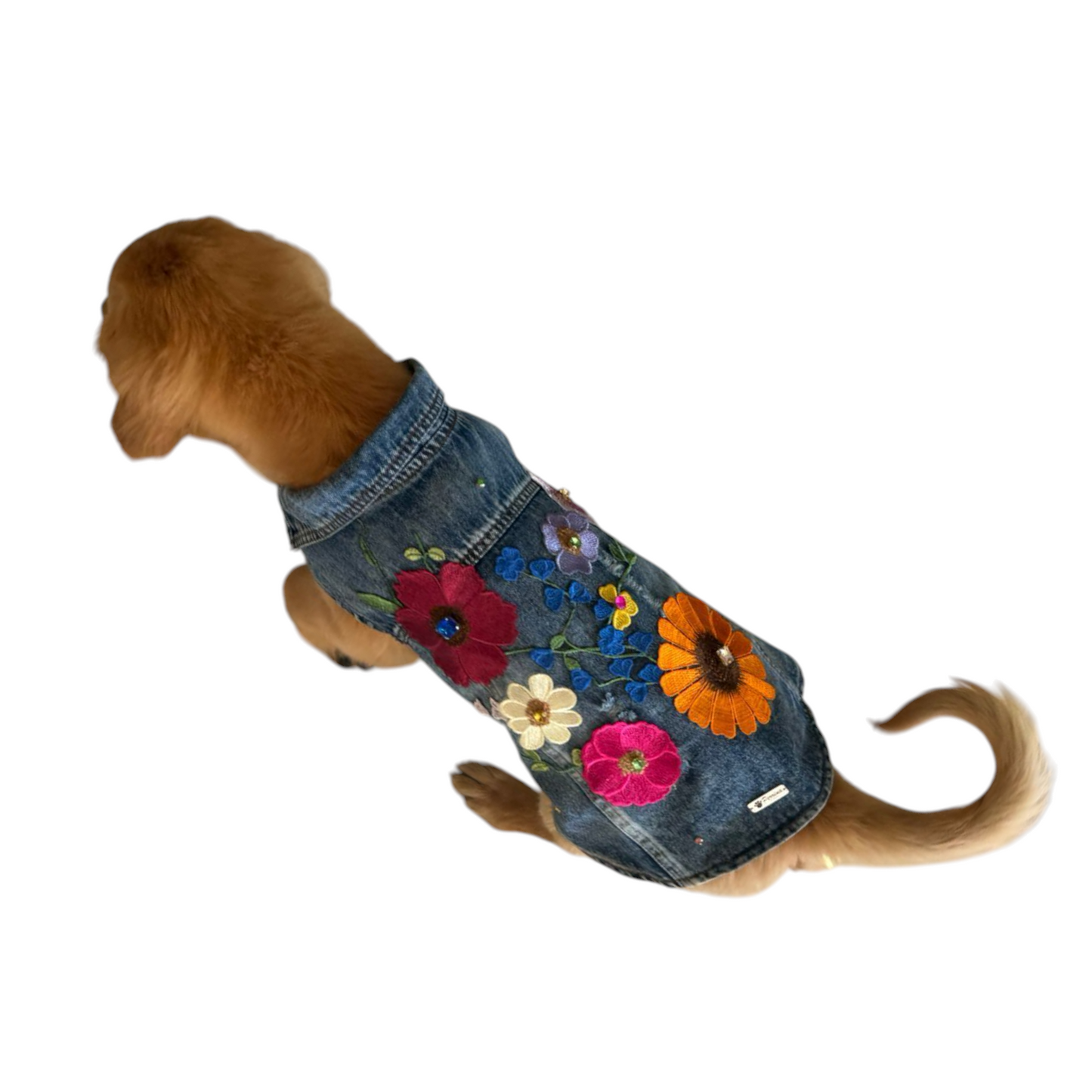 PERRINA chaleco denim de diferentes flores bordadas para perros, razas chicas medianas y grandes