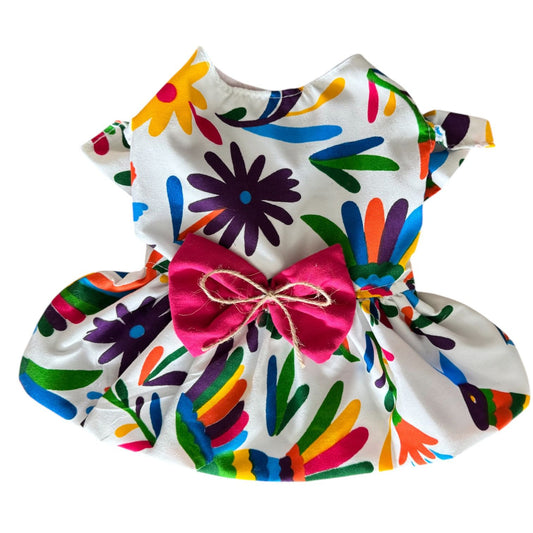 PERRINA vestido con estampado mexicano colorido con moño para Mascota Perro y Gato, razas chicas medianas y grandes
