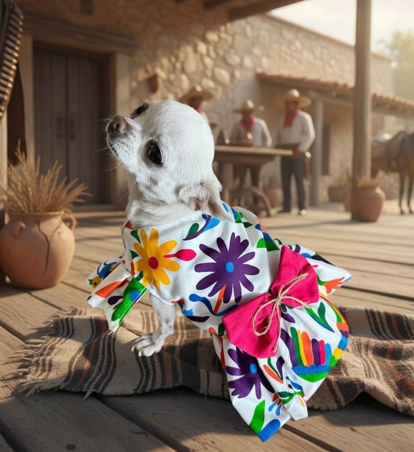 PERRINA vestido con estampado mexicano colorido con moño para Mascota Perro y Gato, razas chicas medianas y grandes