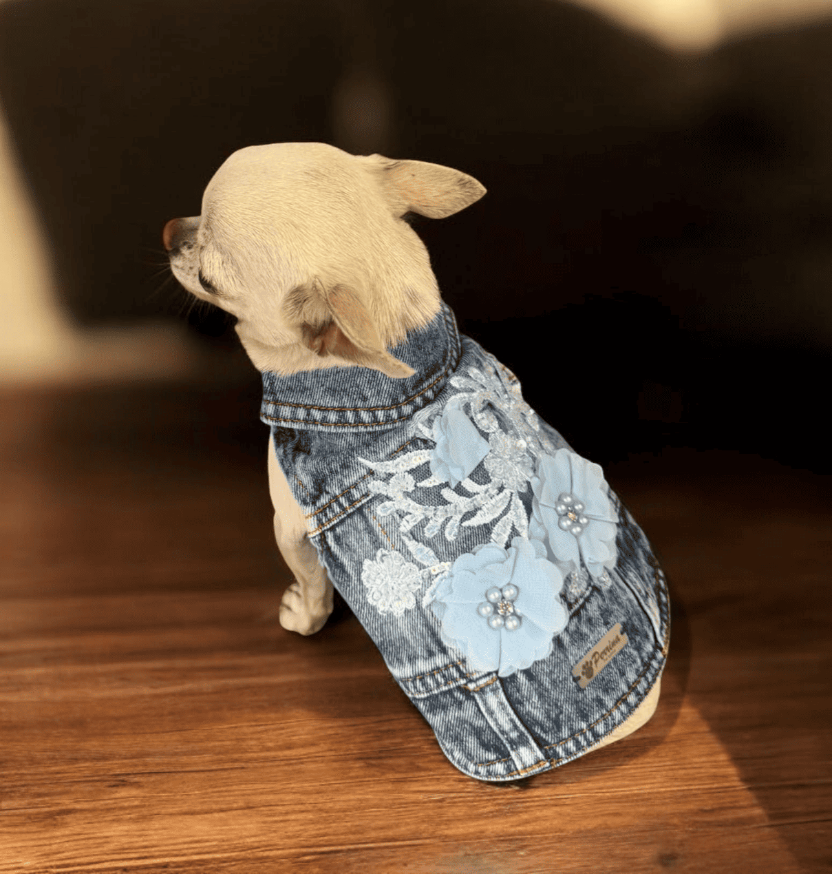 PERRINA chaleco denim con flores azules bordadas para perros y gatos razas chicas medianas y grandes