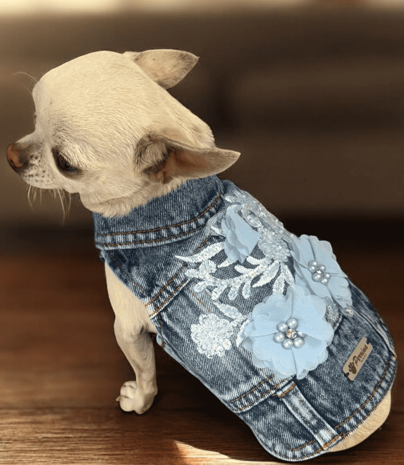 PERRINA chaleco denim con flores azules bordadas para perros y gatos razas chicas medianas y grandes