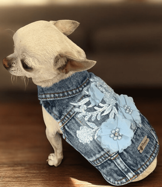 PERRINA chaleco denim con flores azules bordadas para perros y gatos razas chicas medianas y grandes