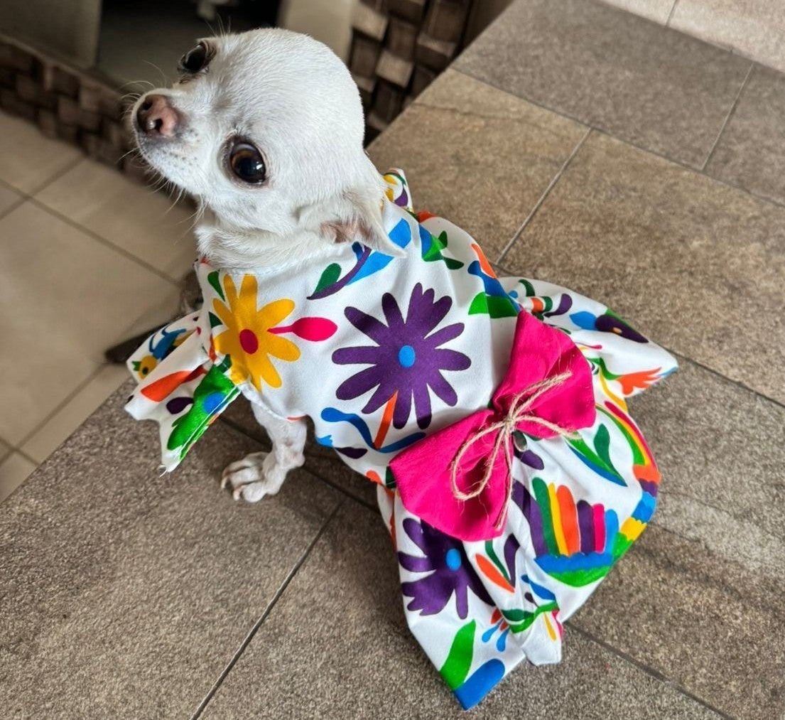 PERRINA vestido con estampado mexicano colorido con moño para Mascota Perro y Gato, razas chicas medianas y grandes