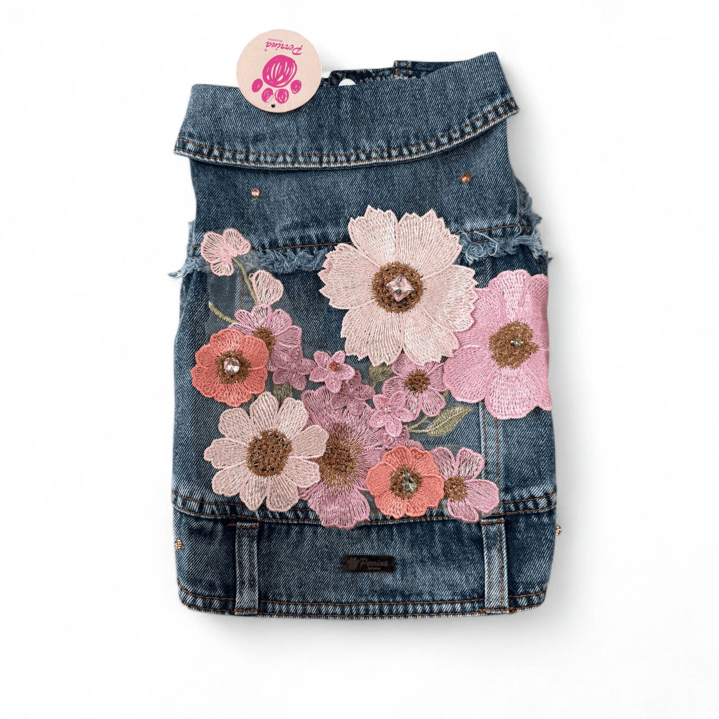 PERRINA chaleco denim con flores de distintos colores para perros y gatos razas chicas medianas y grandes
