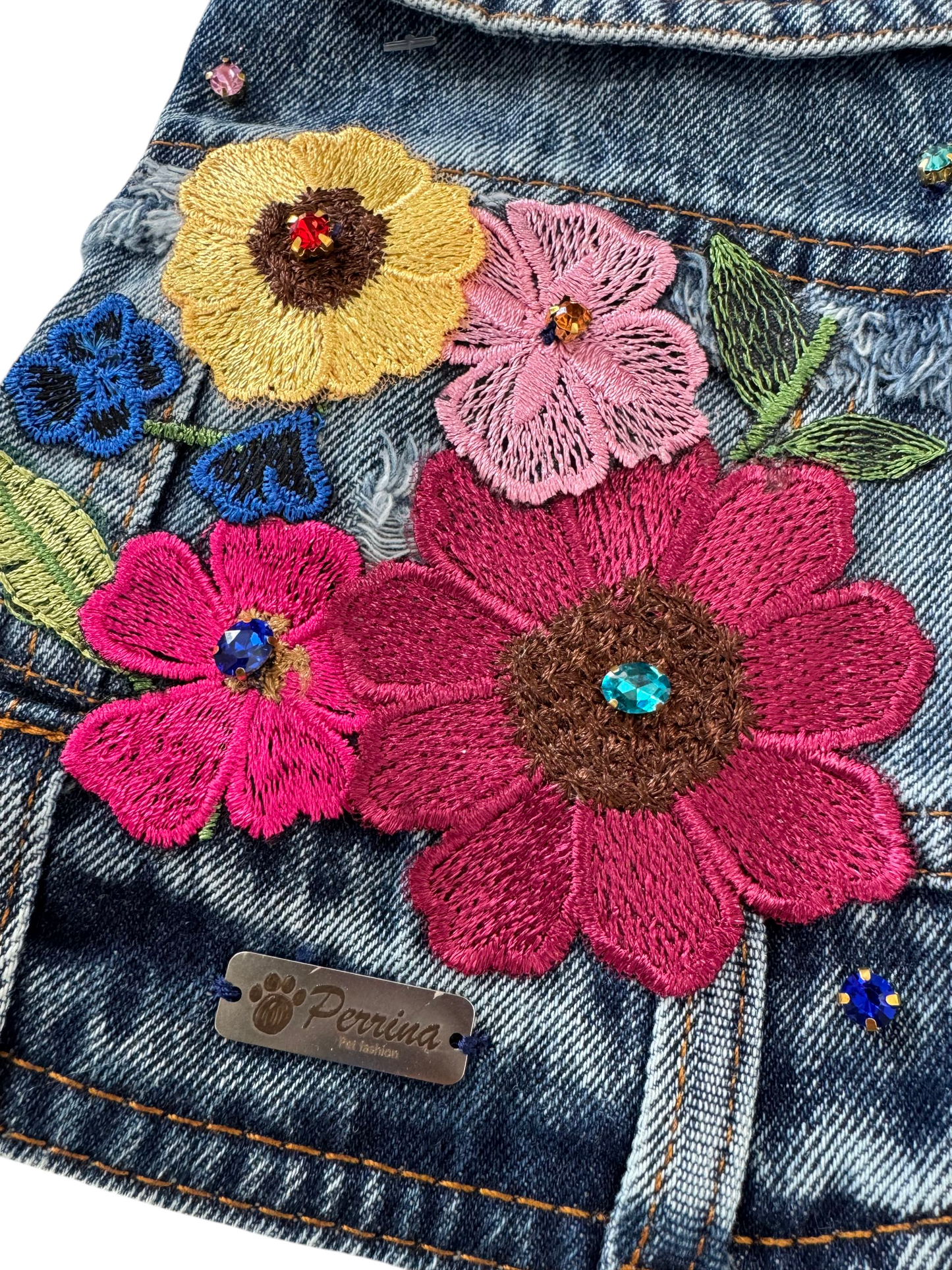 PERRINA chaleco denim con flores y pequeños destellos para perros y gatos razas chicas medianas y grandes