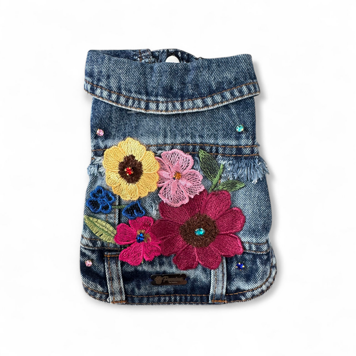 PERRINA chaleco denim con flores y pequeños destellos para perros y gatos razas chicas medianas y grandes