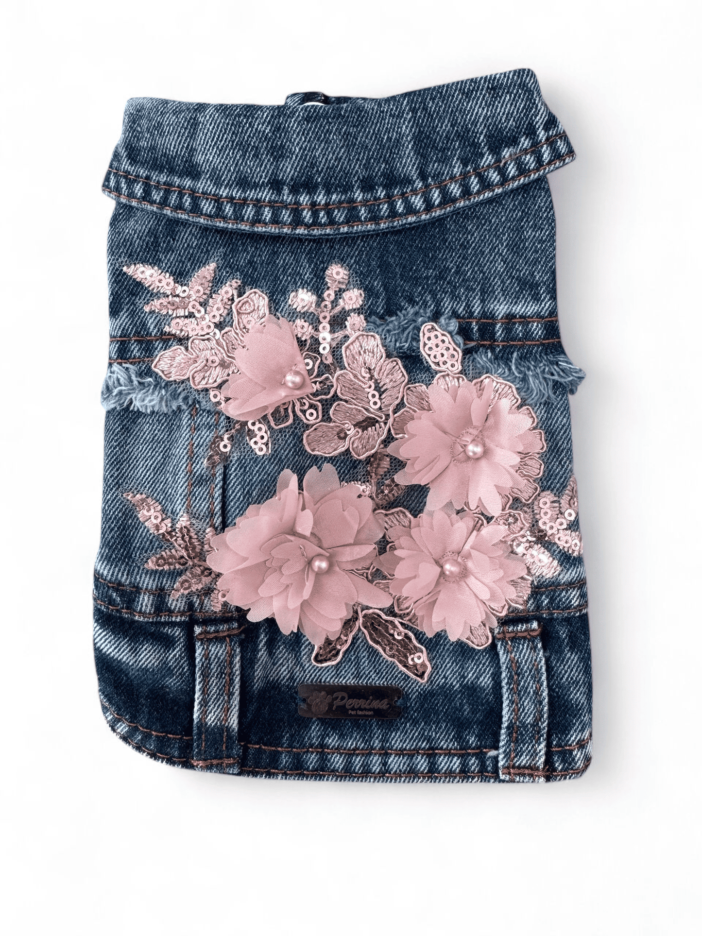 PERRINA chaleco denim con flores bordadas para perros y gatos razas chicas medianas y grandes