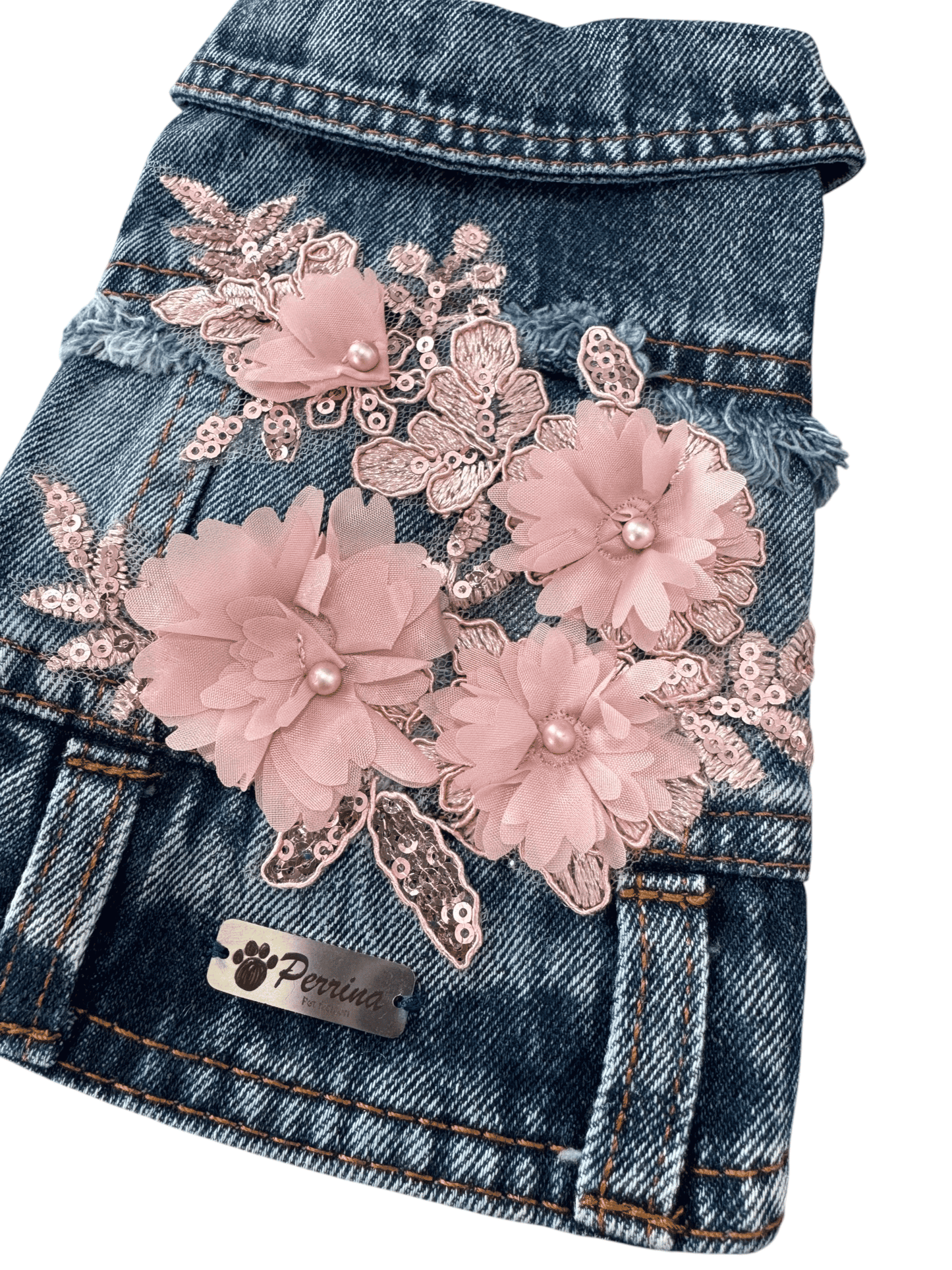 PERRINA chaleco denim con flores bordadas para perros y gatos razas chicas medianas y grandes