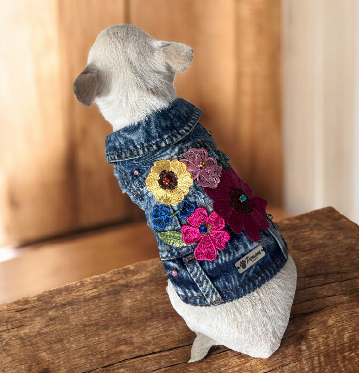 PERRINA chaleco denim con flores y pequeños destellos para perros y gatos razas chicas medianas y grandes