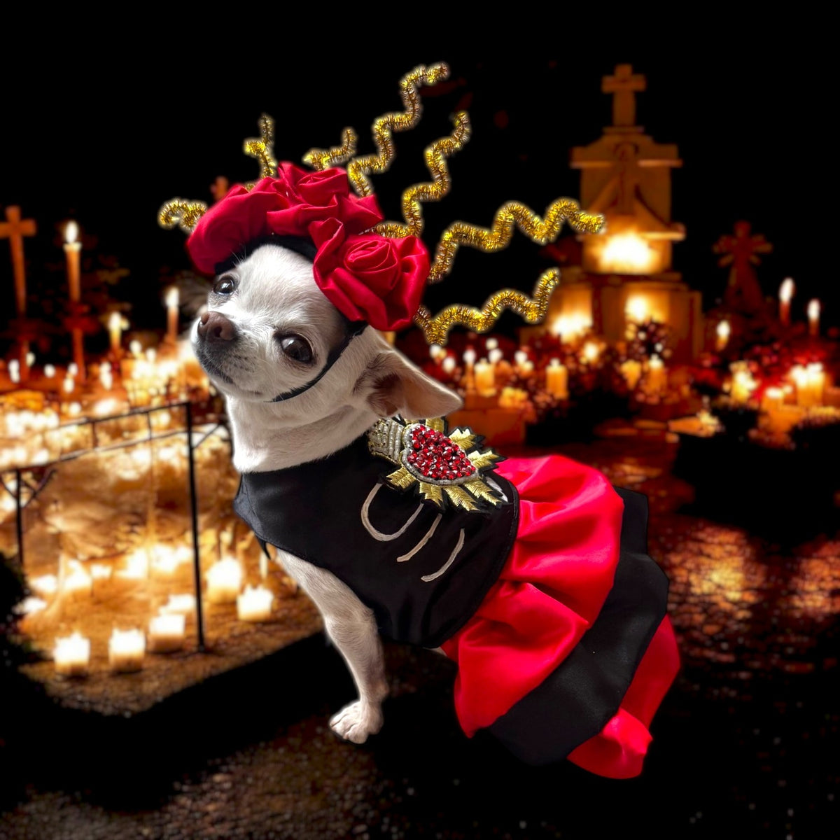 PERRINA disfraz de catrina con Diadema de flores rojas para Mascota Perro y Gato, razas chicas medianas y grandes