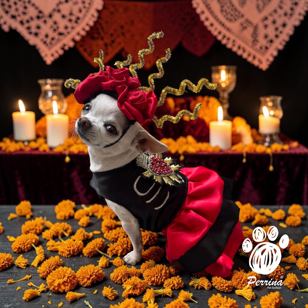 PERRINA disfraz de catrina con Diadema de flores rojas para Mascota Perro y Gato, razas chicas medianas y grandes