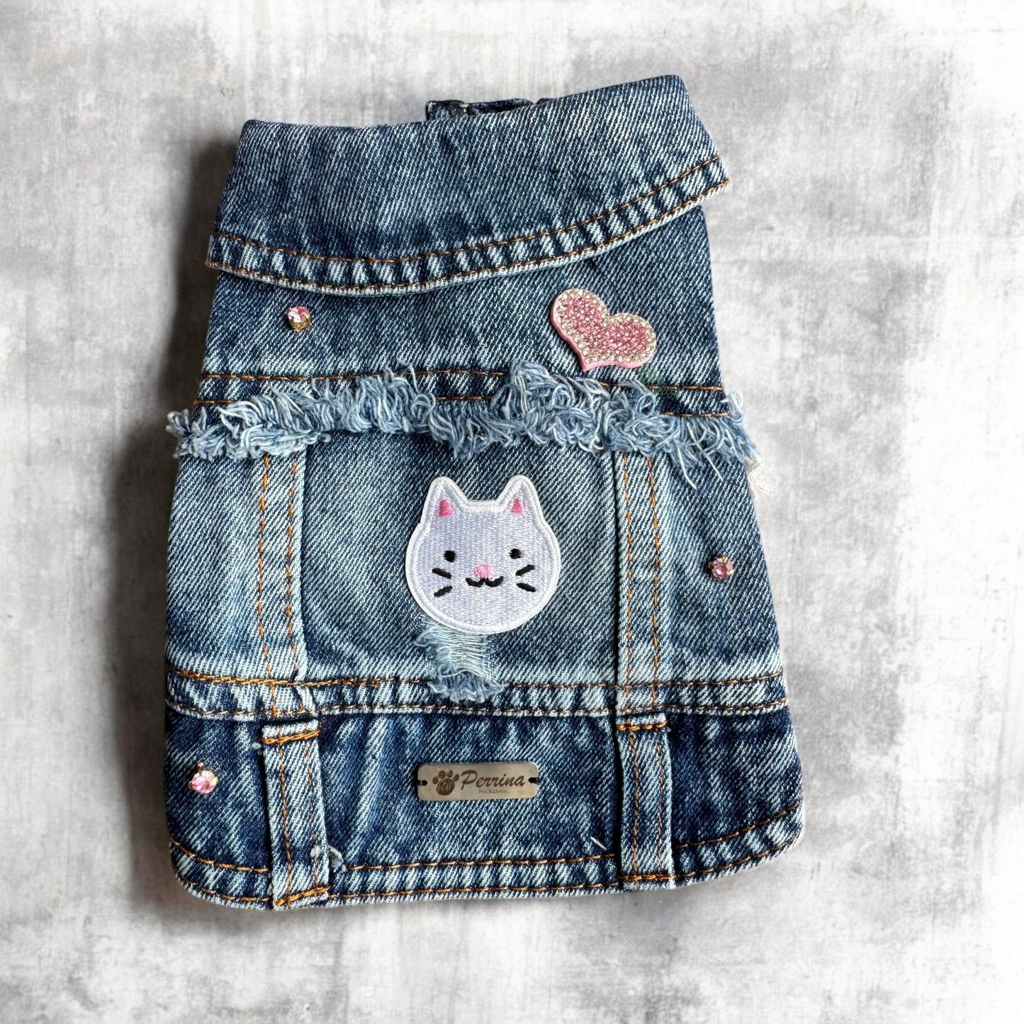PERRINA chaleco denim con parches de Gatitos para perros y gatos razas chicas medianas y grandes
