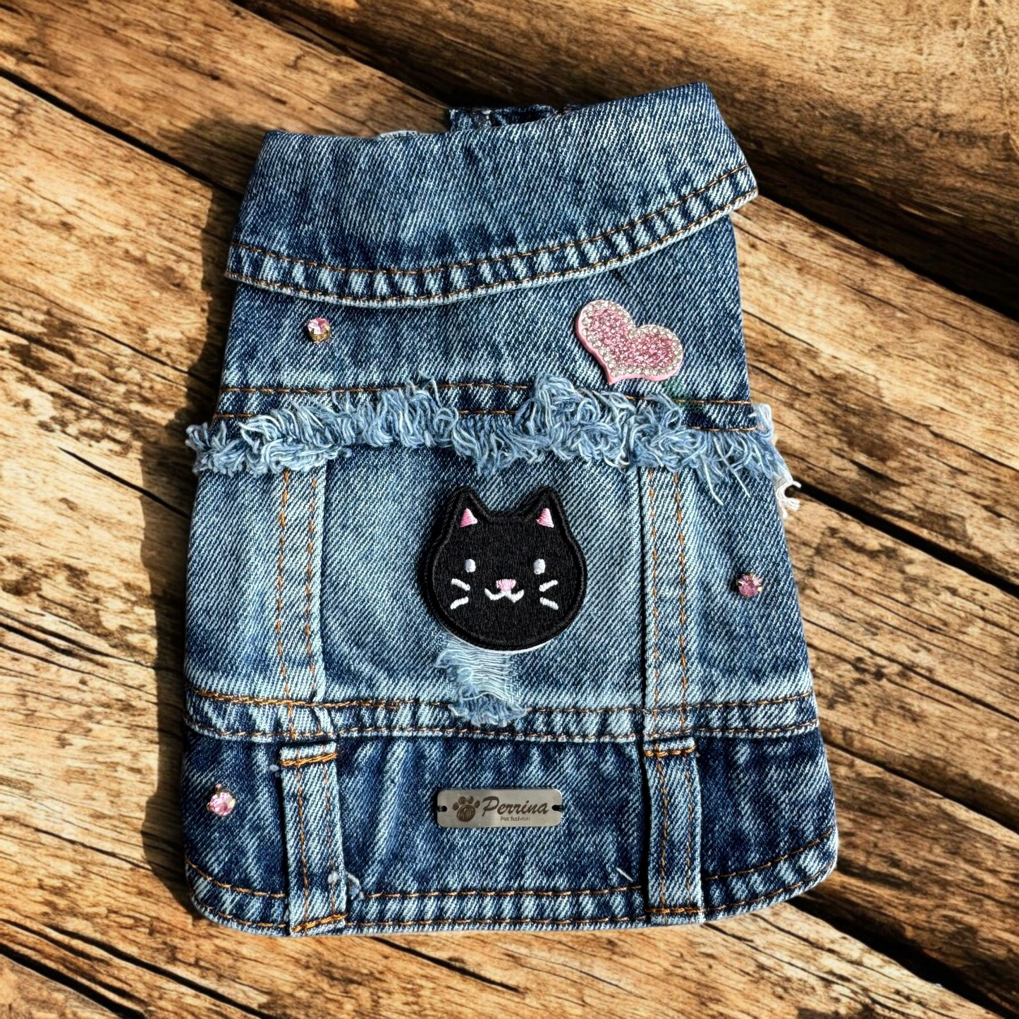 PERRINA chaleco denim con parches de Gatitos para perros y gatos razas chicas medianas y grandes